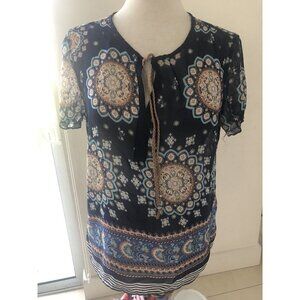 Tantrums Womens Blouse Multicolor Short Sleeve  Boho Size M